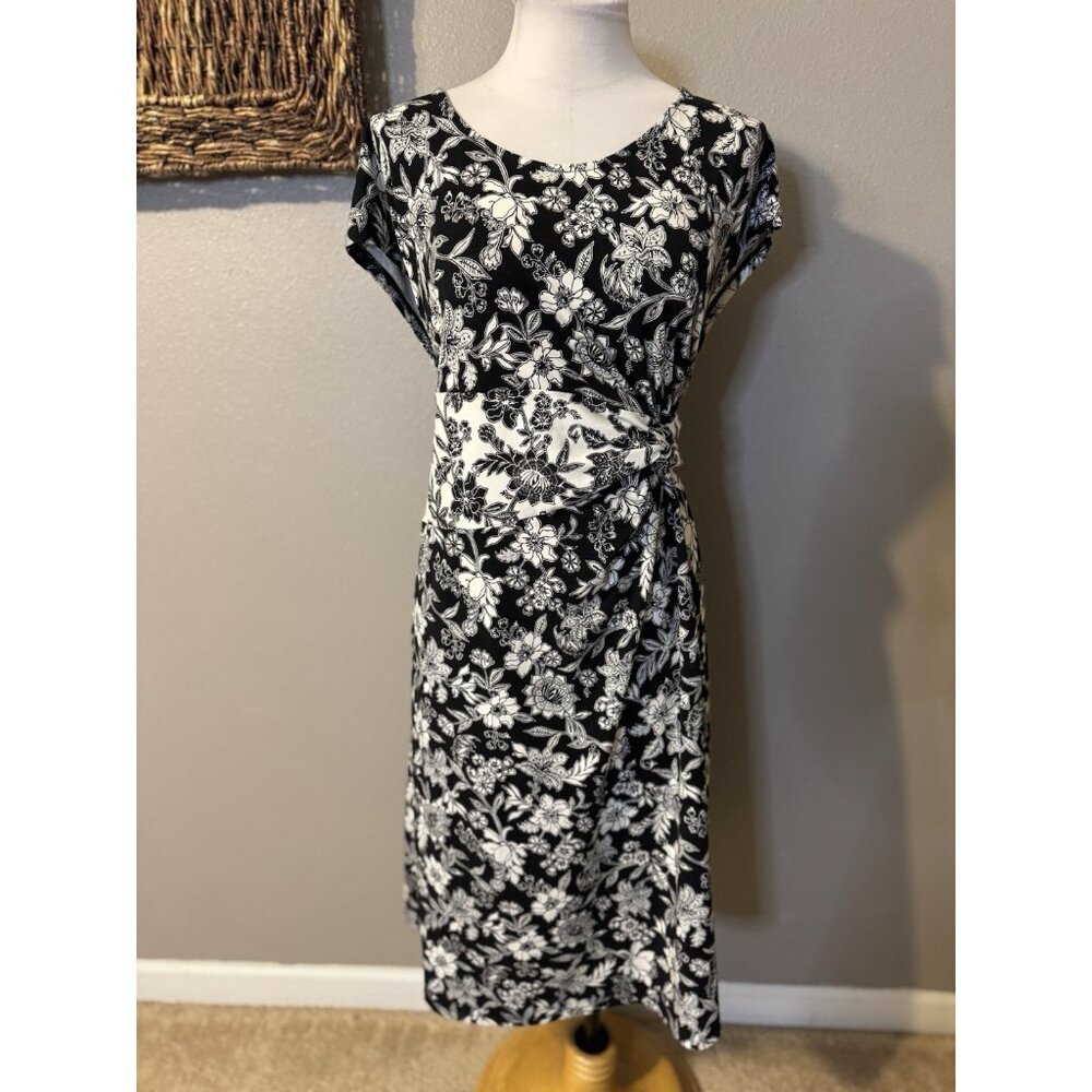 Lands End Dress XL Black Ivory Cap Sleeve Stretch Cotton Floral Washable NEW - Picture 8 of 14